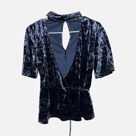 Honey Belle Tops - Honey Belle Velvet Tie Wrap Blouse w/ Butterfly Sleeves - Blue